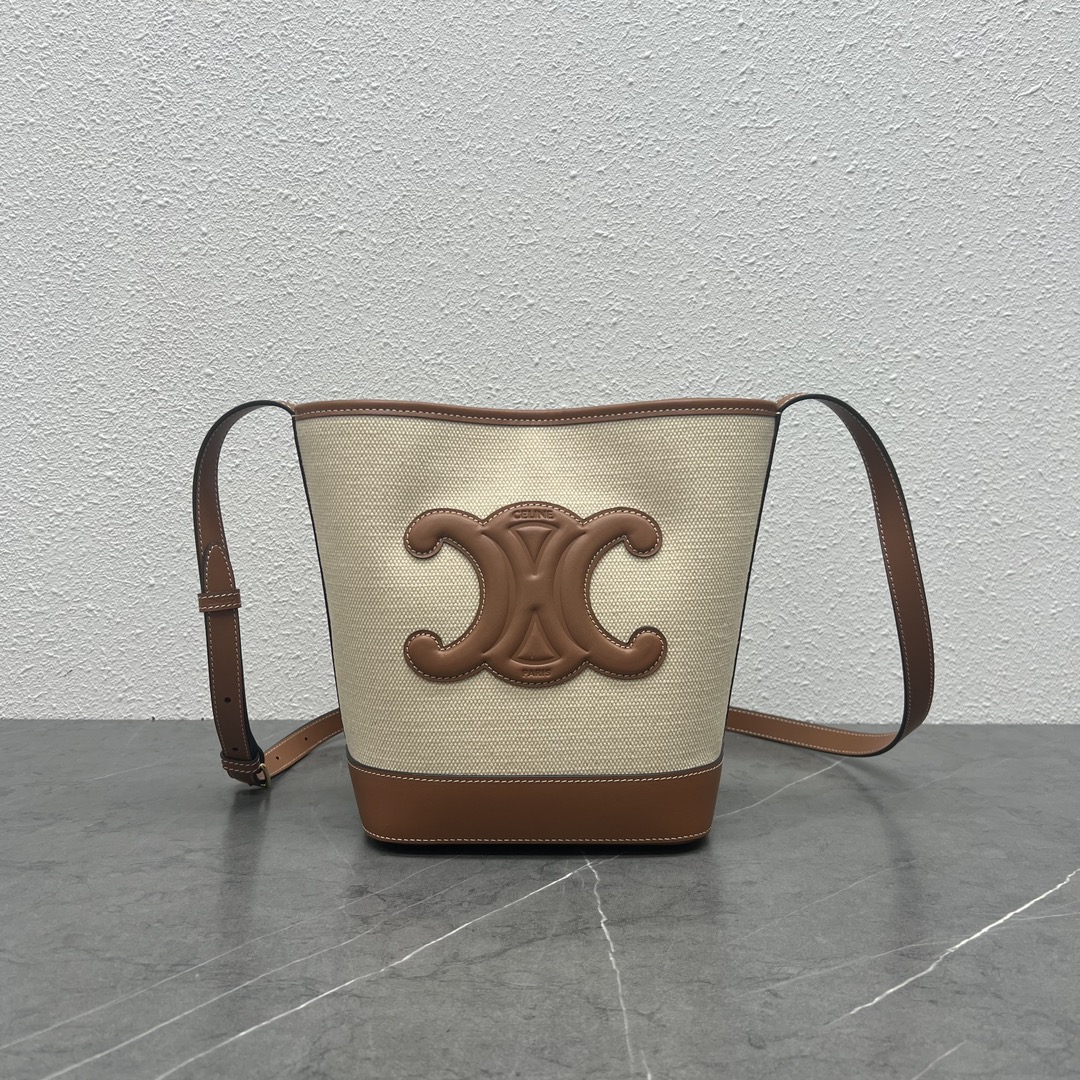 Celine Small Bucket Cuir Triomphe Shoulder Bag In Textile And Calfskin Beige/Tan 198243